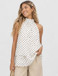 Chiffon Polka Dot Stand Neck Sleeveless Ruffle Hem Top