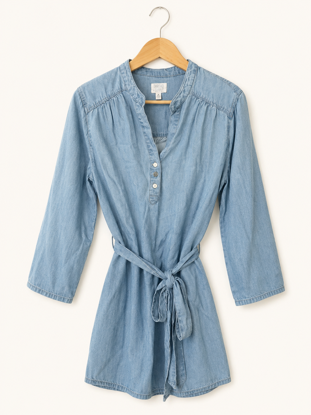Light Wash Chambray Tie-Waist Shirt Dress