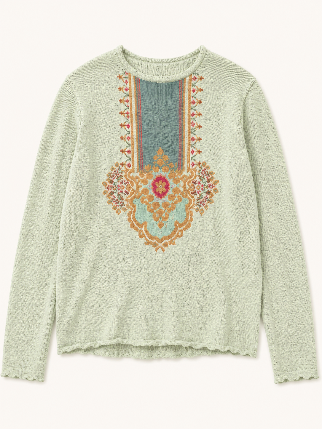 Sage Boho Embroidered-Inspired Knit Sweater