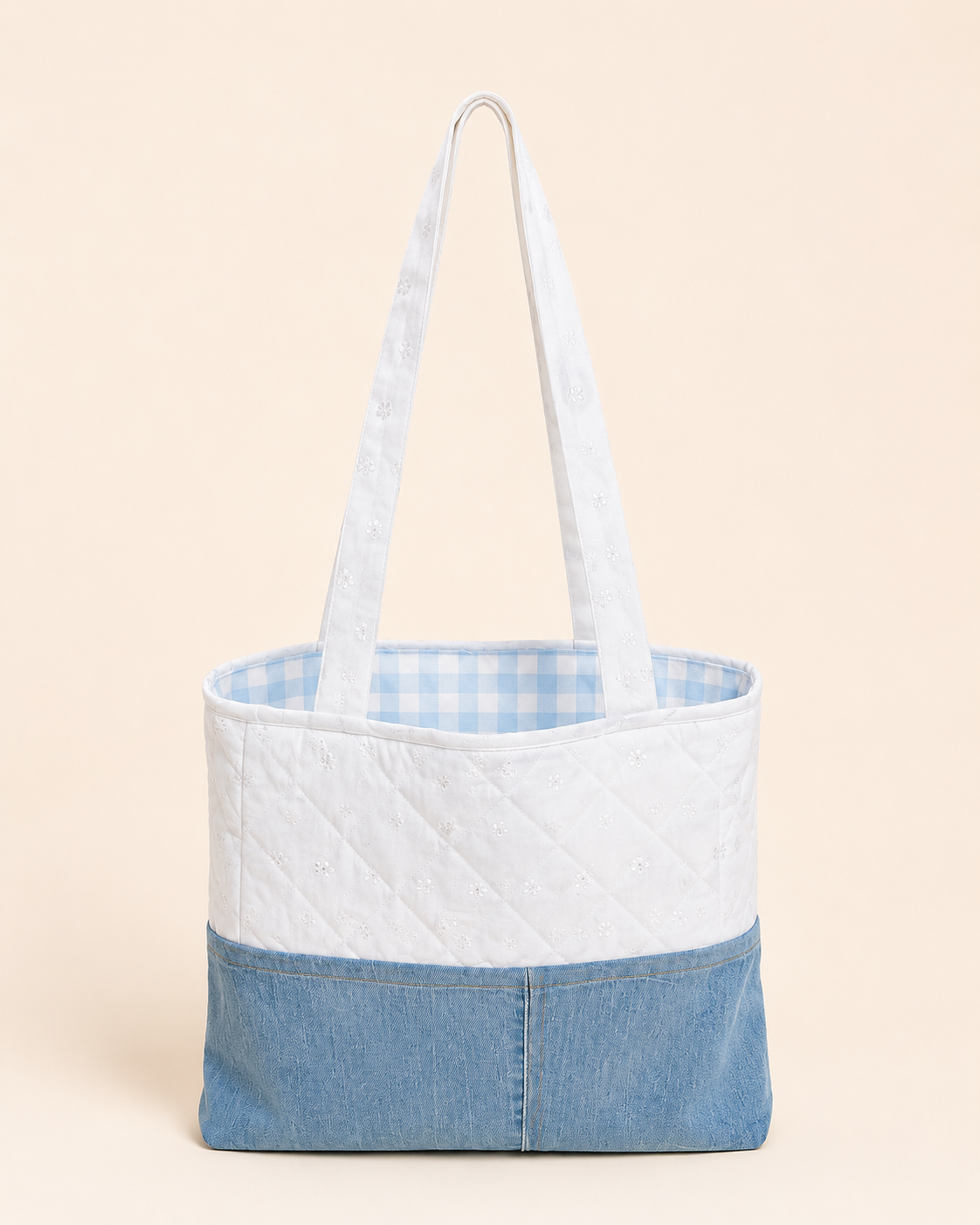 🤍 Blue Gingham & Denim Tote
