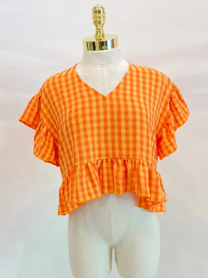 V Neck Flutter Sleeve Ruffle Crop Loose Fit Top